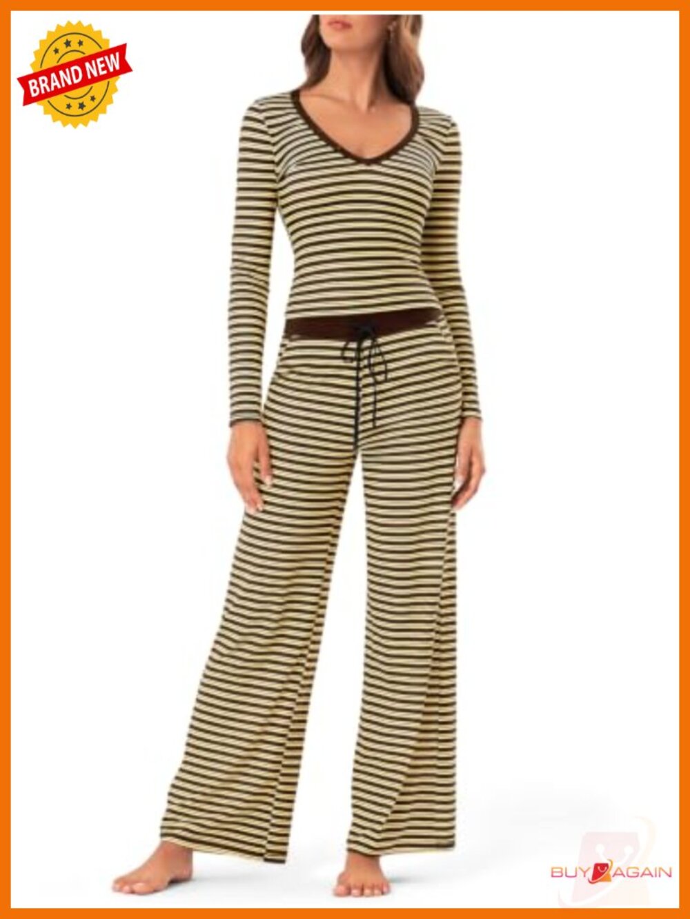 Women's Lounge 2-Piece Set, V-Neck Top & Wide Leg Pants, Nylon Blend